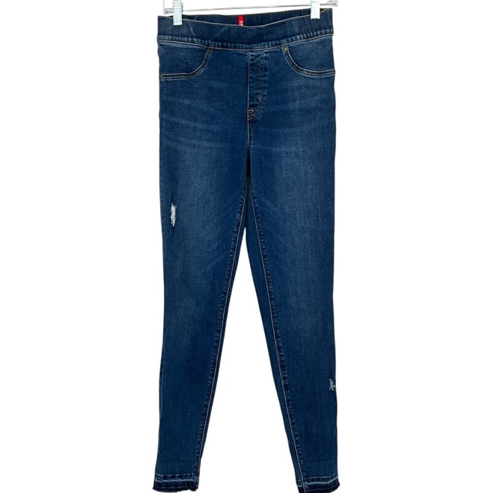 Spanx Size M Ankle Skinny Jeans Blue Dark Wash Distressed Jeggings High Rise